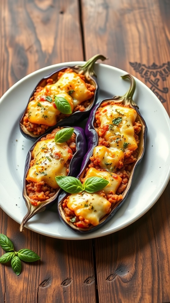 Stuffed eggplants with ground meat and cheese, garnished with basil on a rustic table.